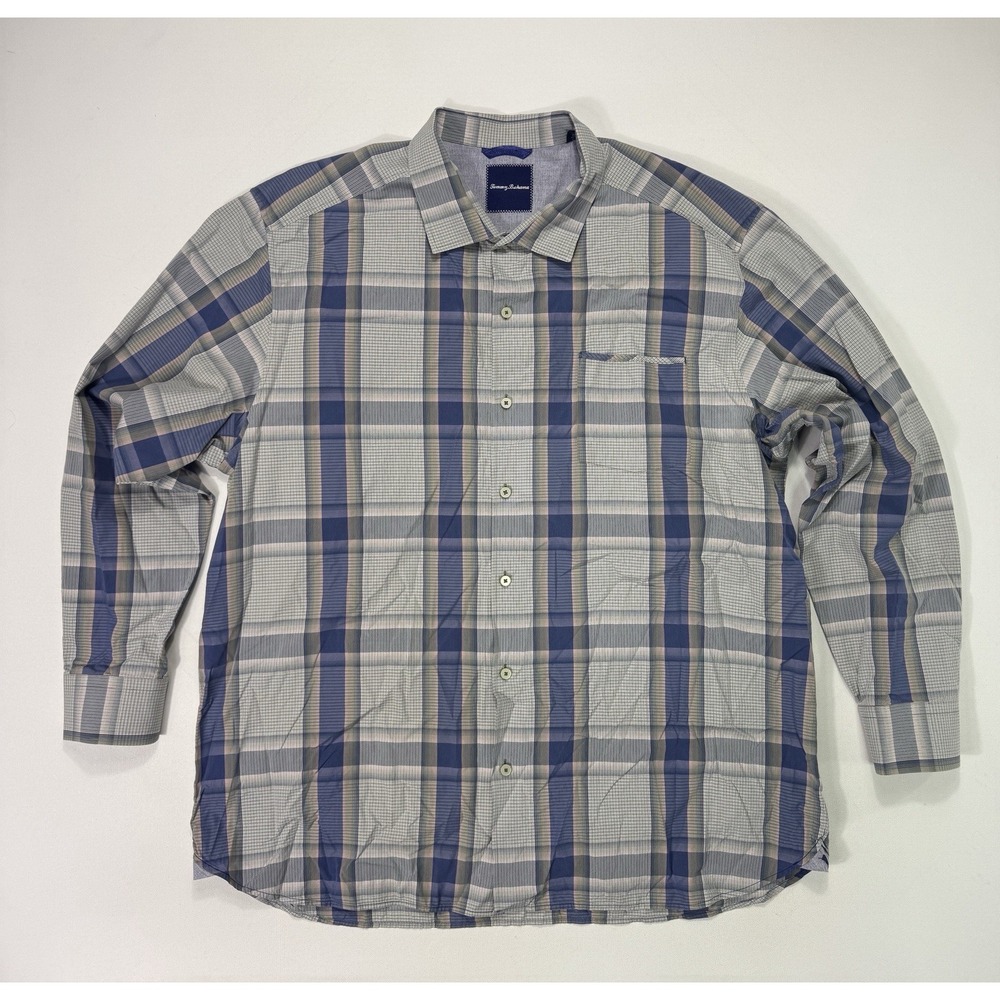 Tommy Bahama Mens 3XL Silk Cotton Plaid Button Up Shirt Grey Blue Casual Classic